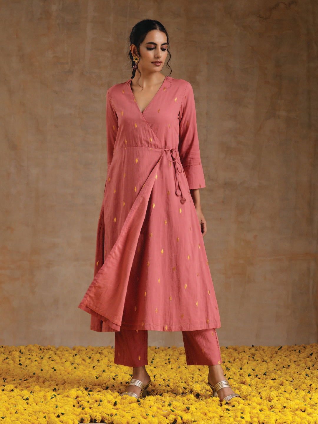 trueBrowns Blush Gold Cotton Angrakha Kurta Set | Swadesiicart