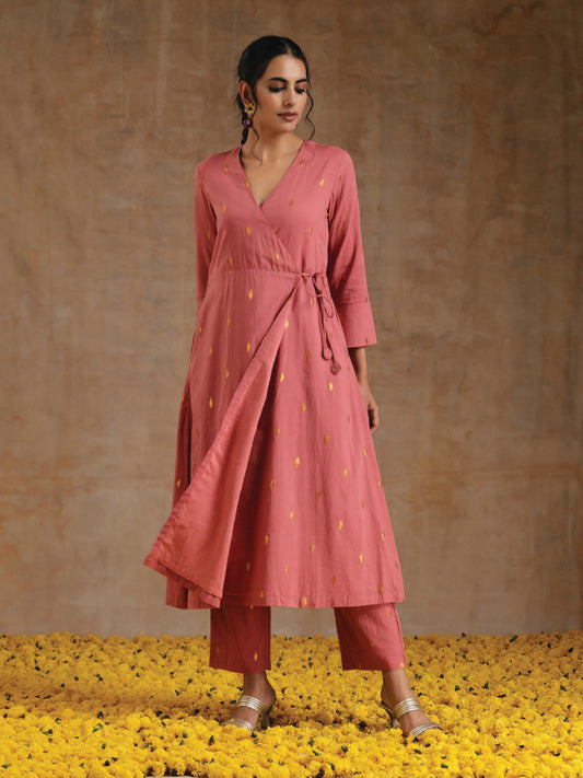 trueBrowns Blush Gold Cotton Angrakha Kurta Set | Swadesiicart