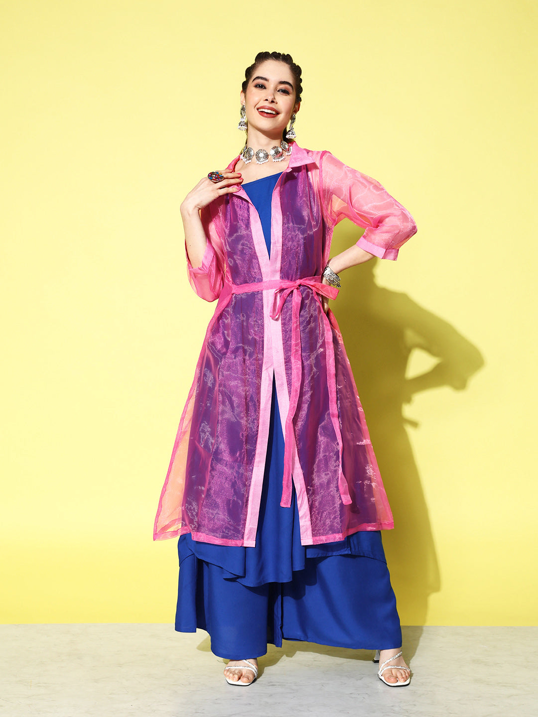 InWeave Women's Ink Blue Strappy Kurta Set With Pink Organza Cape - Swadesiicart