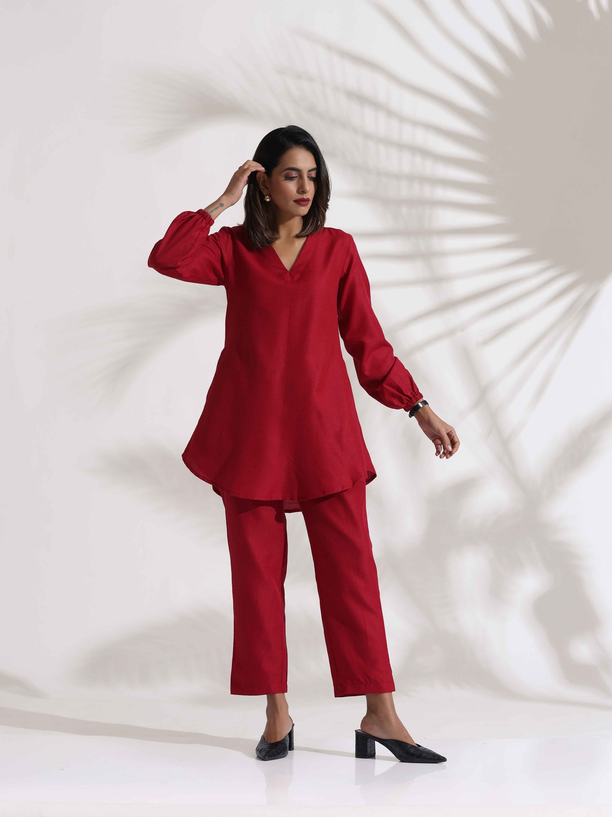 trueBrowns Maroon Slub Co-ord Set - Swadesiicart