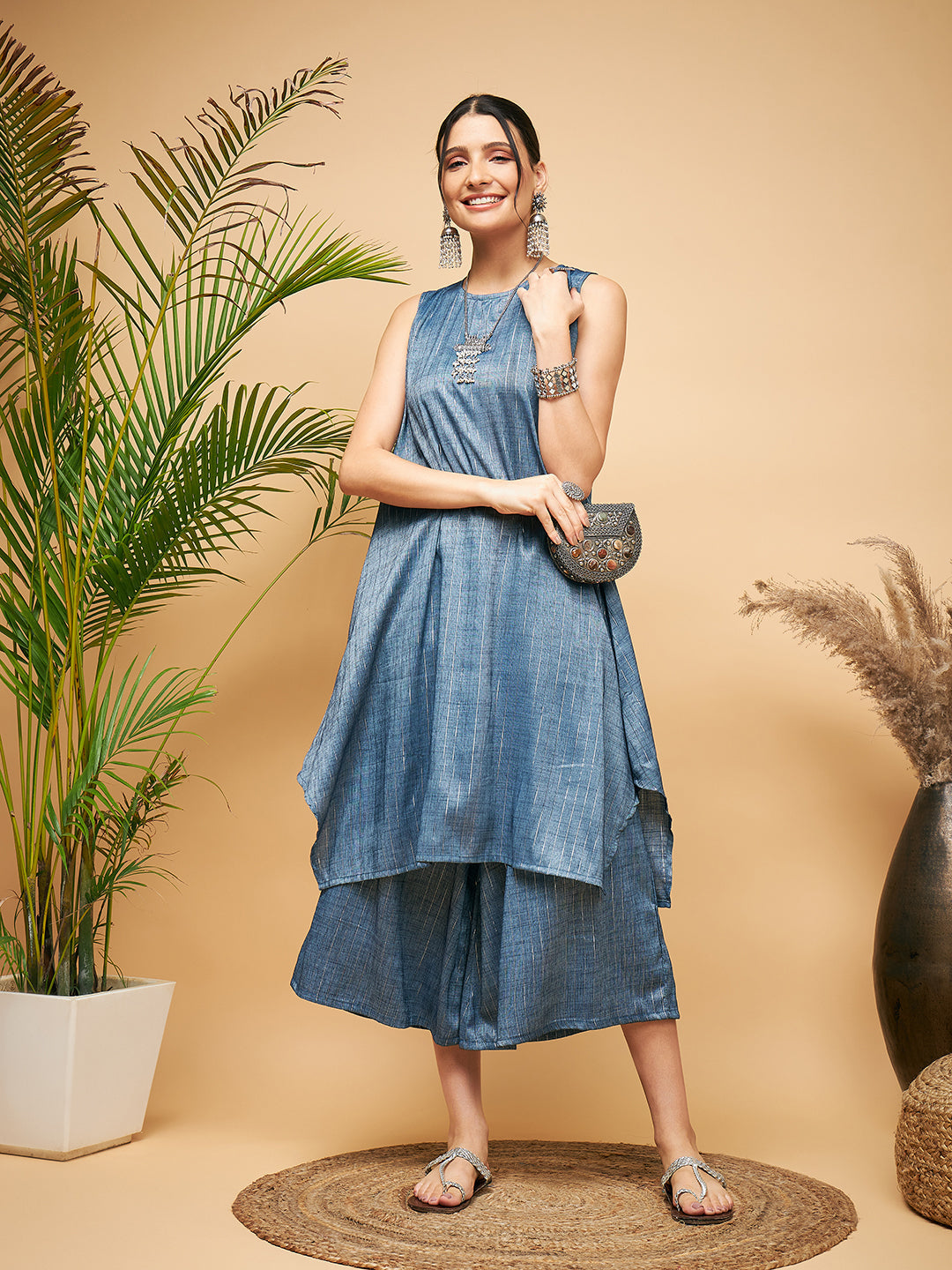 InWeave Women's Blue Lurex Short Pallazo Kurta Set - Swadesiicart