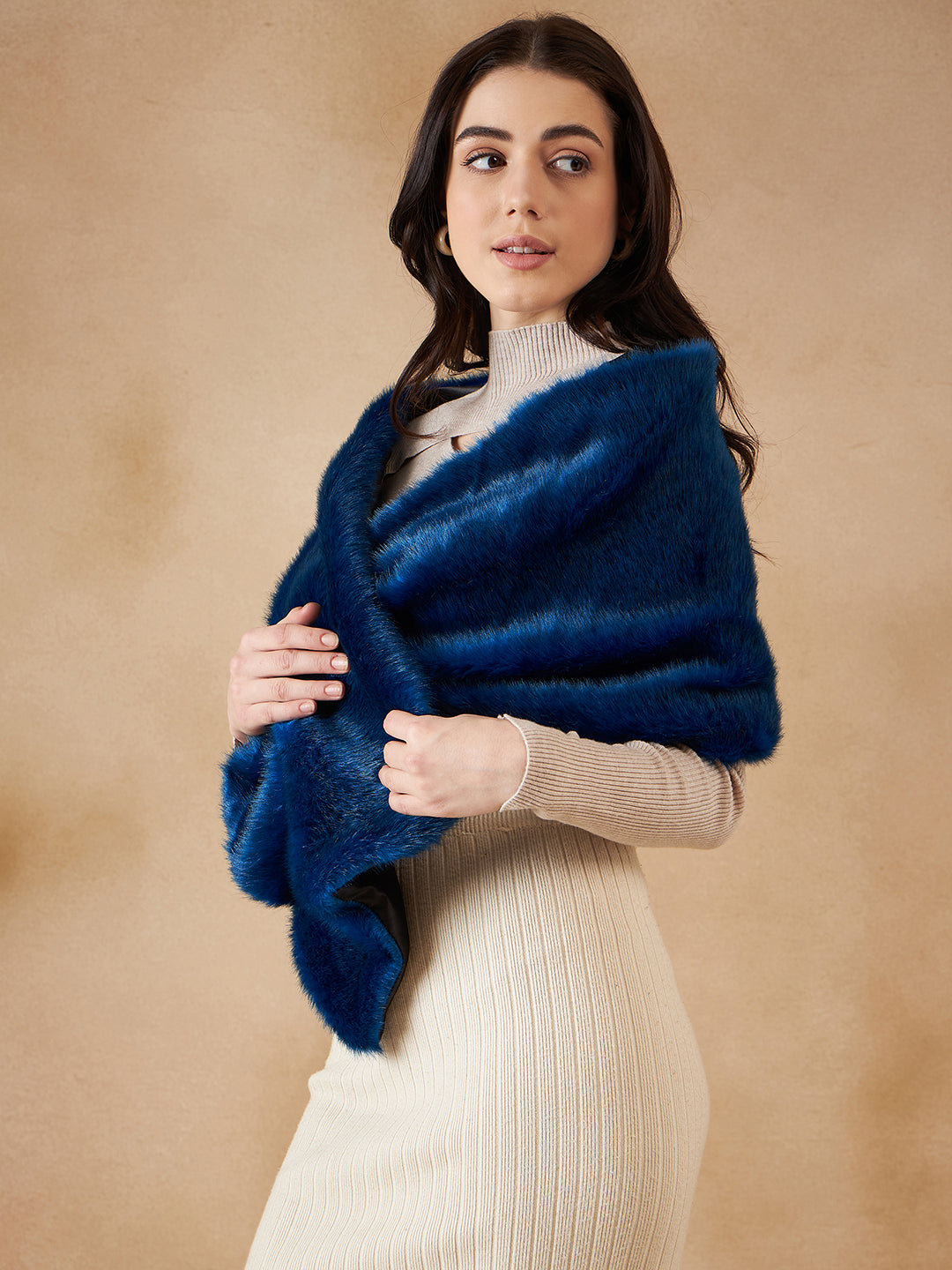 InWeave Women's Royal Blue Long Faux Fur Cape - Swadesiicart