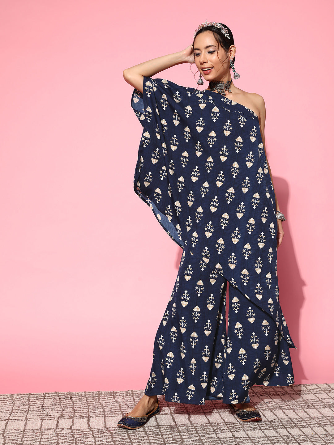 InWeave Women's Blue Boota One Shoulder Top With Palazzo Set - Swadesiicart