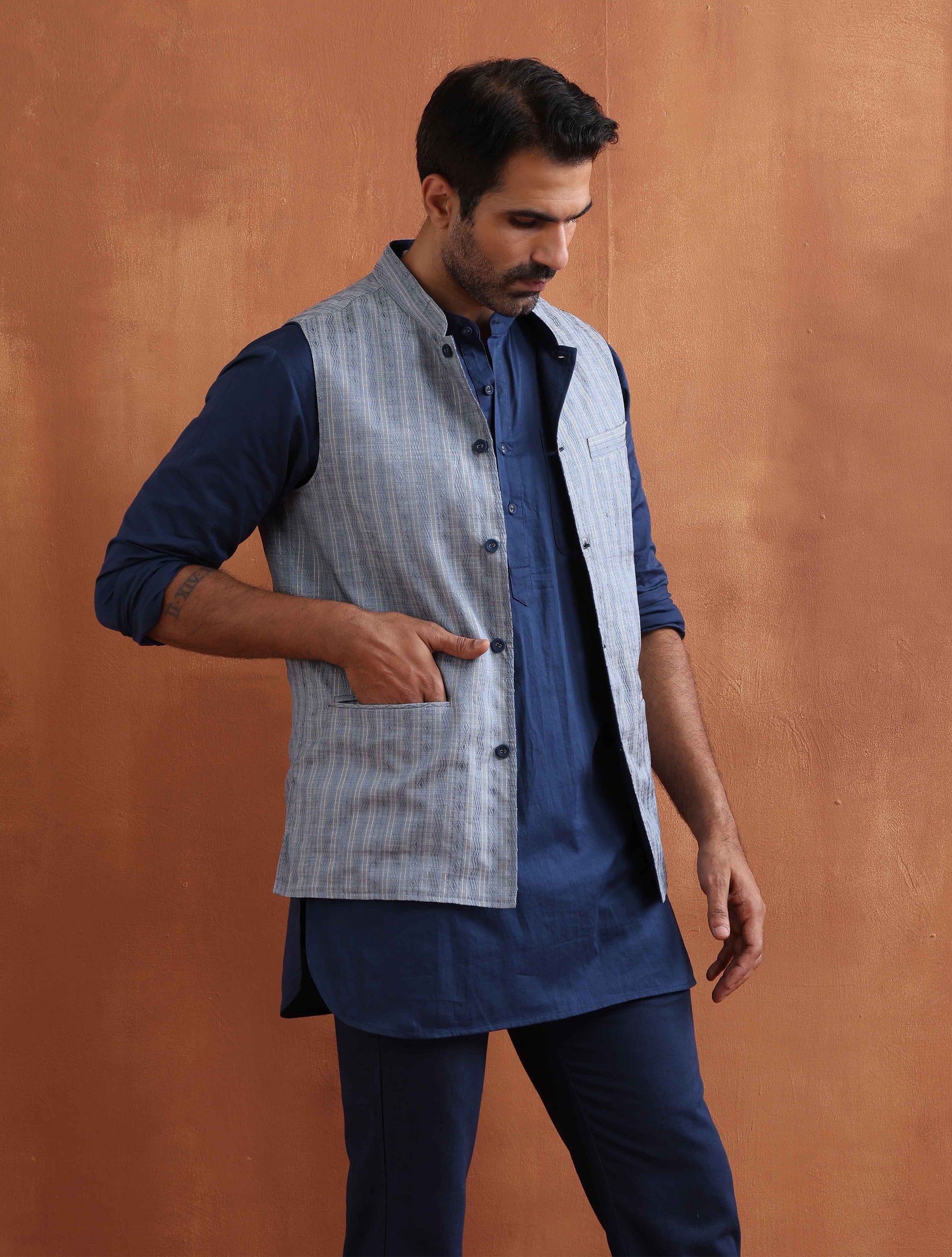 trueBrowns Men's Blue Chanderi Reversible Nehru Jacket | Swadesiicart