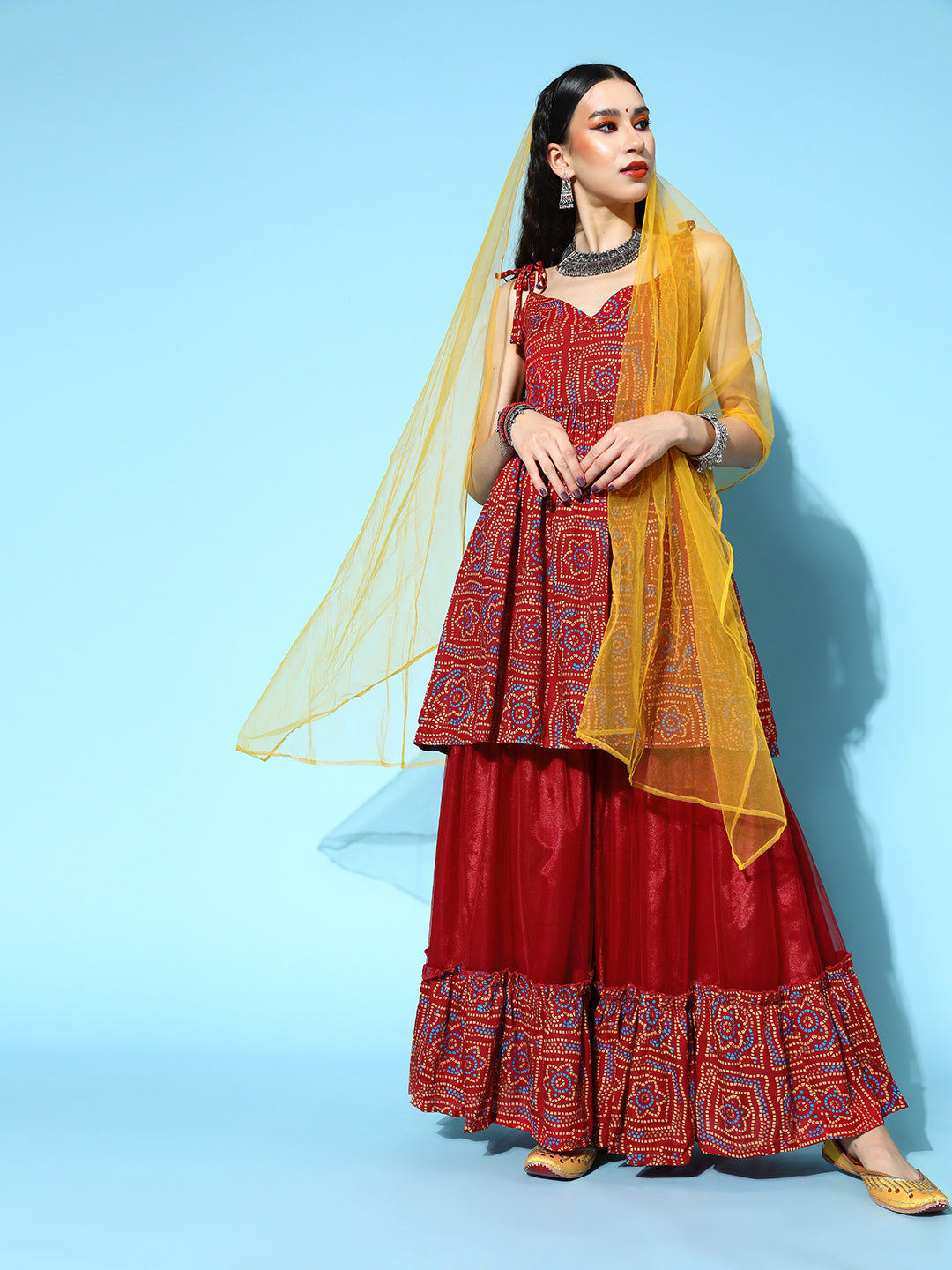 InWeave Women's Maroon Bandhani Net Sharara Set With Dupatta - Swadesiicart