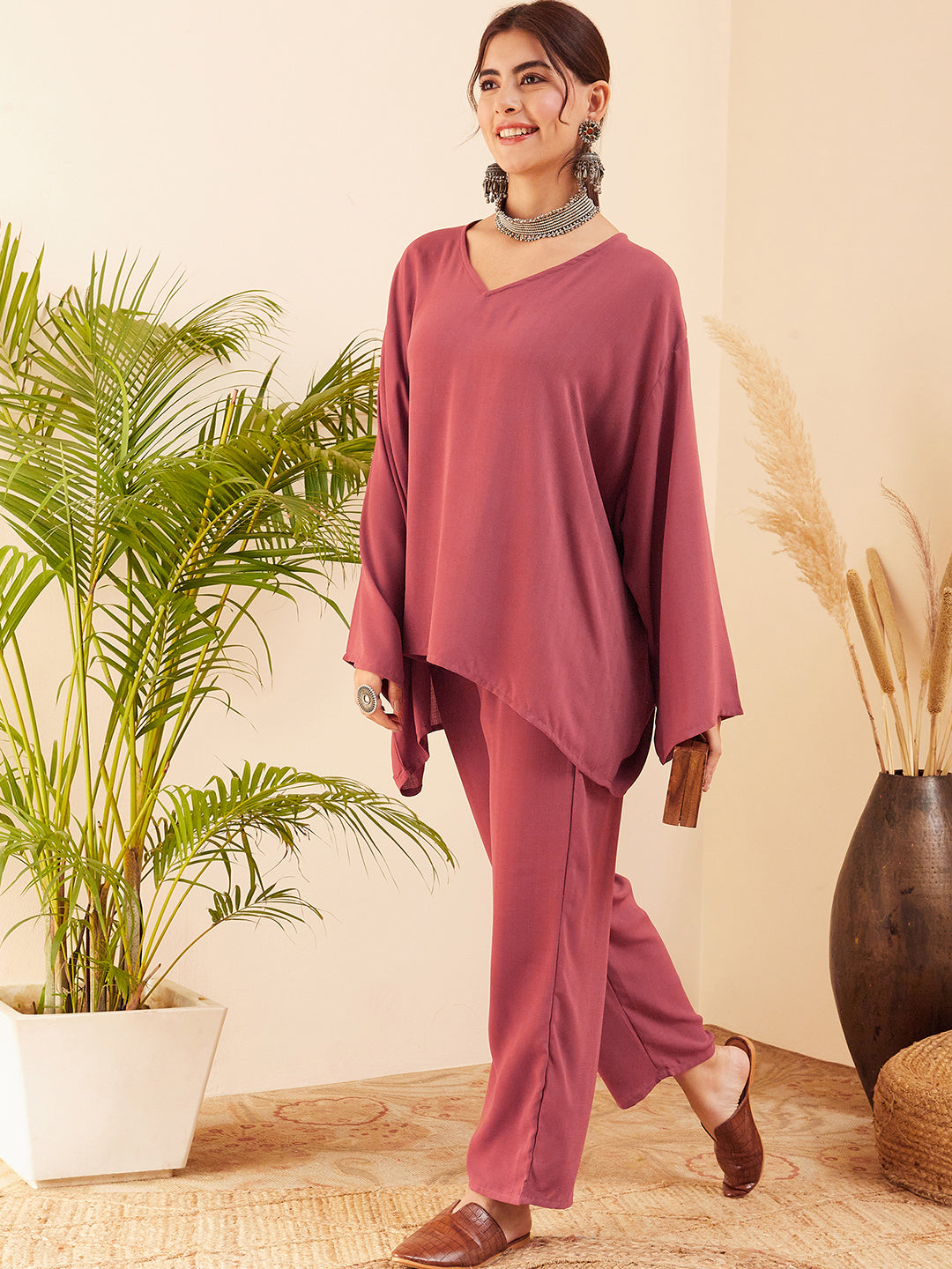 InWeave Women's Light Brown Full Sleeve Boho Top Bottom Set - Swadesiicart