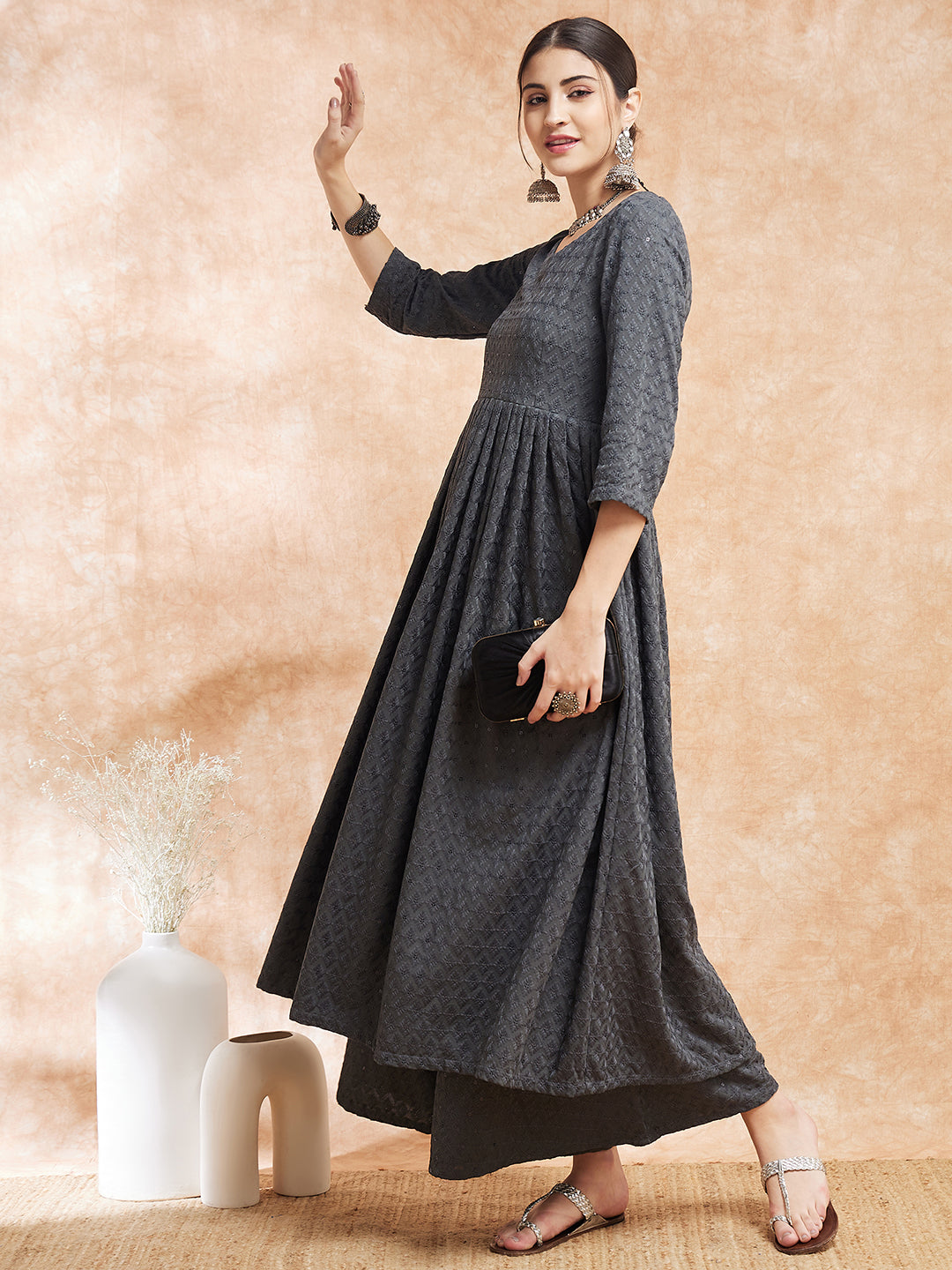 InWeave Women's Grey Chikankari Long Anarkali Kurta Sharara Set - Swadesiicart