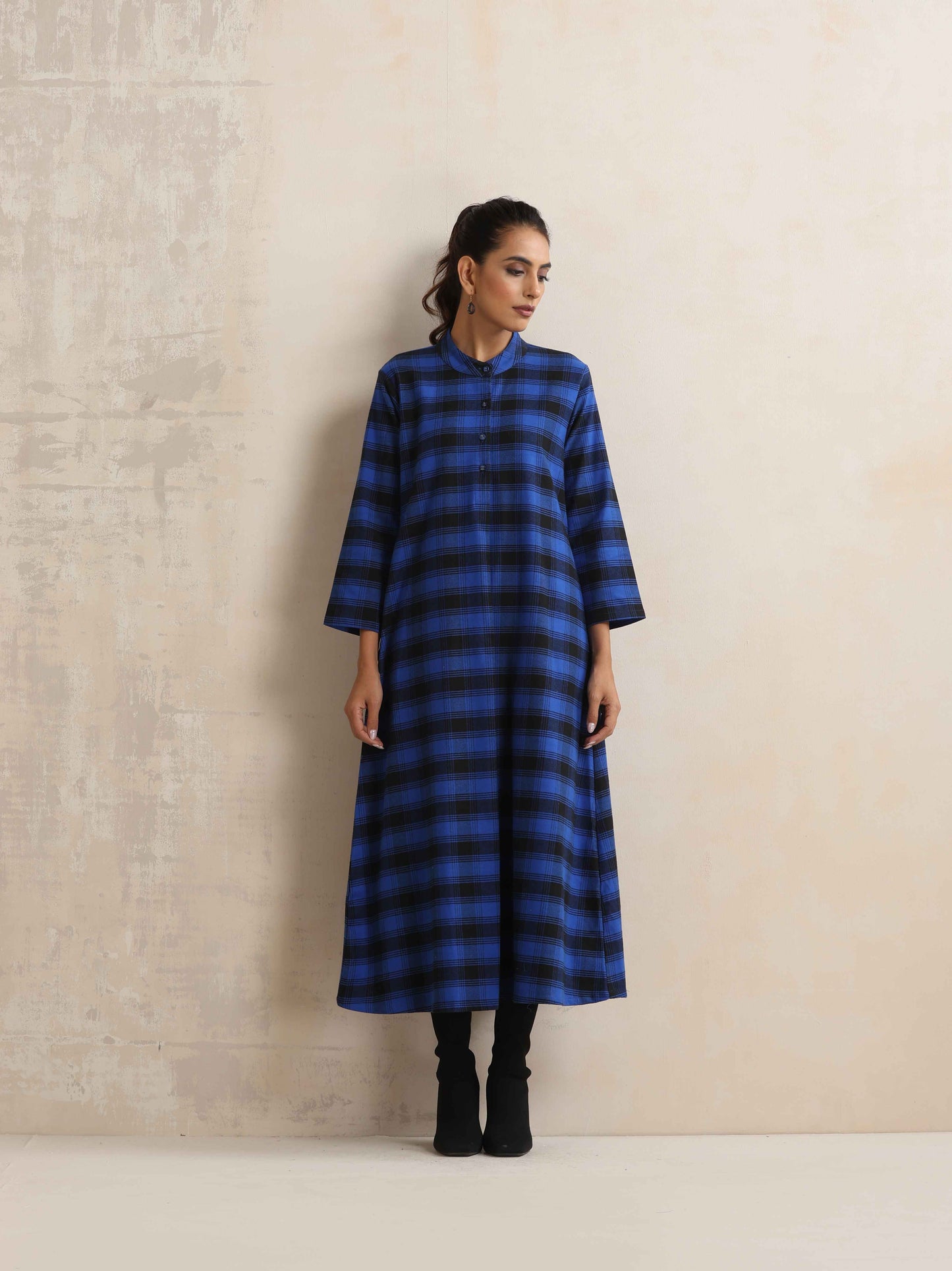 trueBrowns Blue Check Flared Winter Dress | Swadesiicart