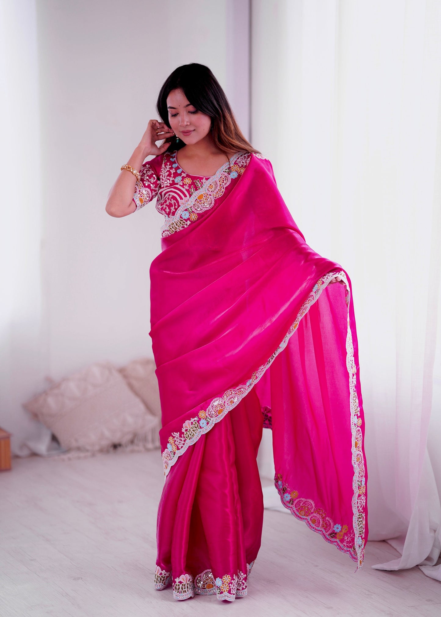 Lorenvalley Fashion Magenta Jimmy Choo with Embroidery Threads Codding & Sequins Work Saree with Blouse - Swadesiicart