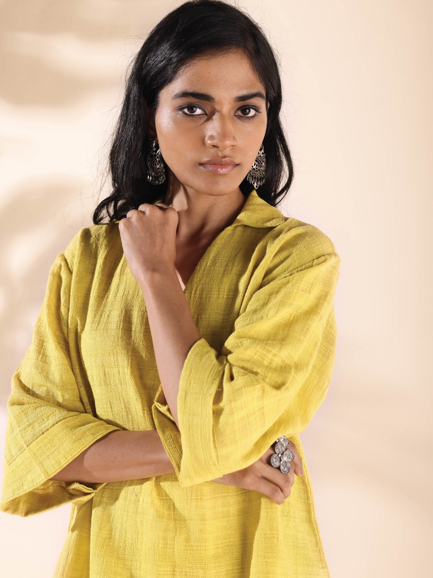 trueBrowns Lime Cotton Dobby V-Neck Co-ord Set - Swadesiicart
