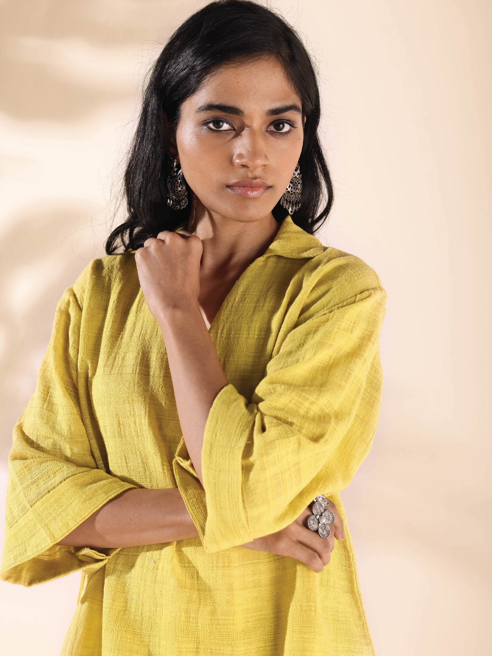 trueBrowns Lime Cotton Dobby V-Neck Co-ord Set - Swadesiicart