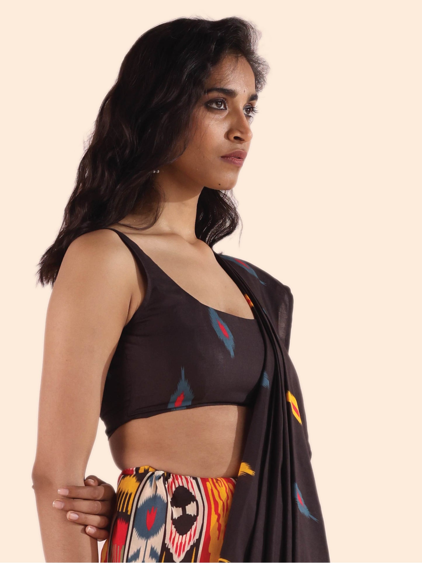 trueBrowns Cola Muslin Ikat Sleeveless Blouse | Swadesiicart