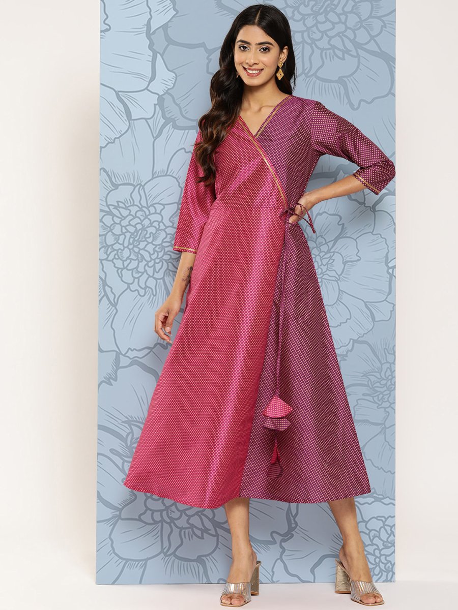 Ahalyaa Colourblocked Printed Wrap Ethnic Dress | Swadesiicart