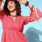 InWeave Women's Peach Lacy Dress With Tassels - Swadesiicart