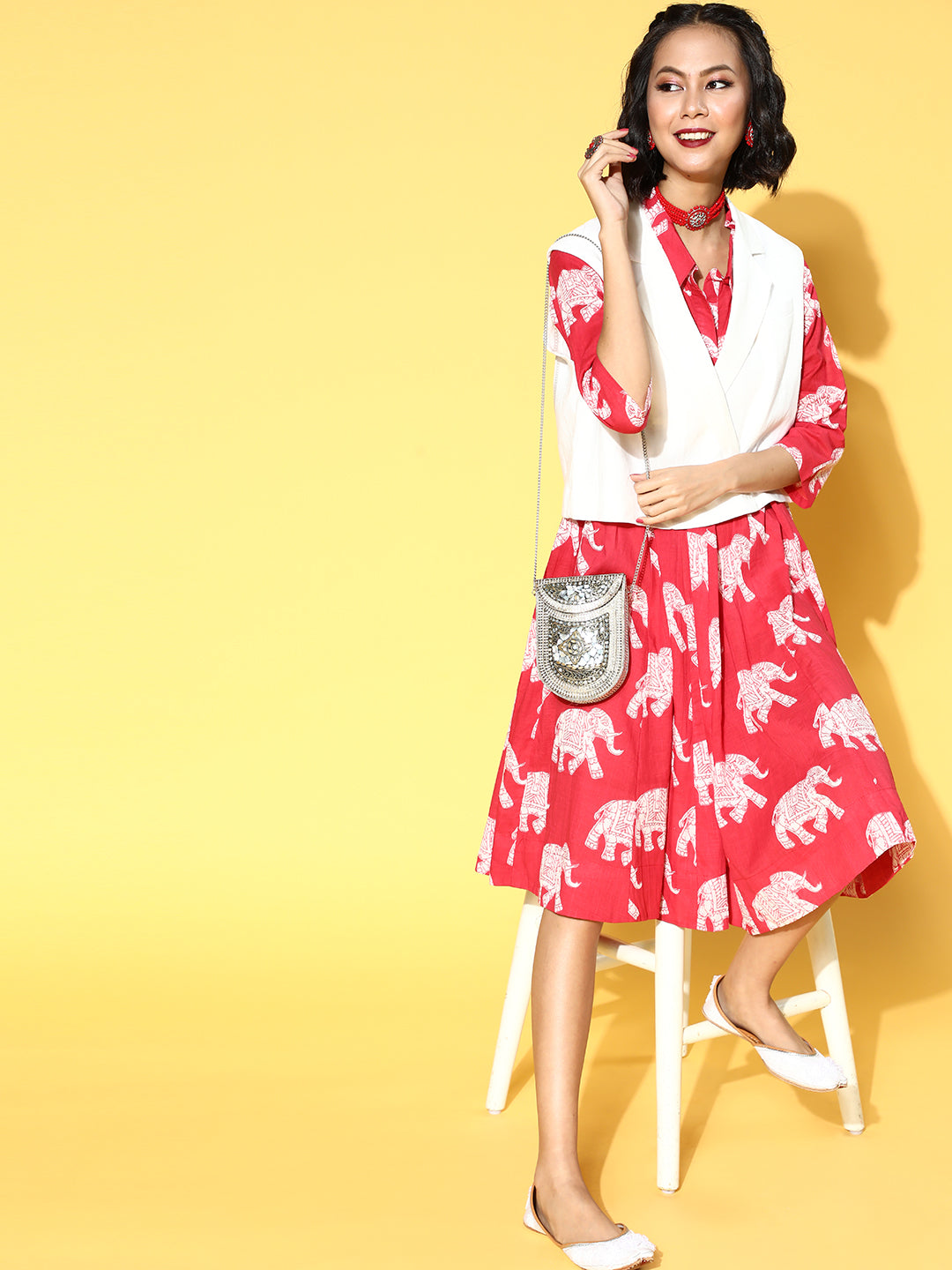 InWeave Red Elephant Flared Dress - Swadesiicart
