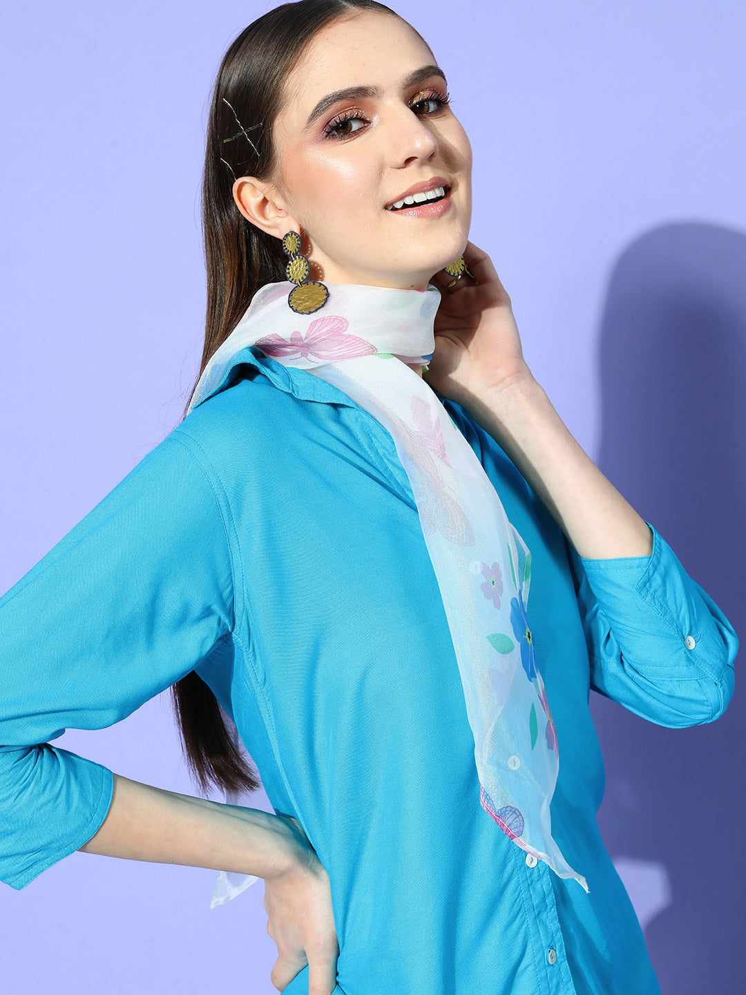 InWeave Women's Aqua Blue Coord Set With White Butterfly Scarf - Swadesiicart