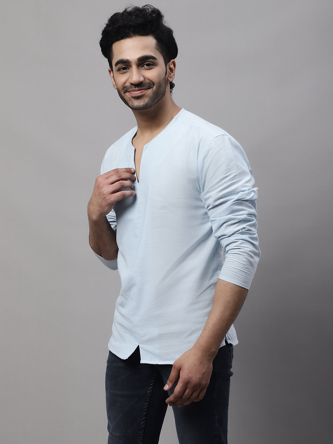 Even Apparels Blue Pure Cotton Open Neck Kurta | Swadesiicart