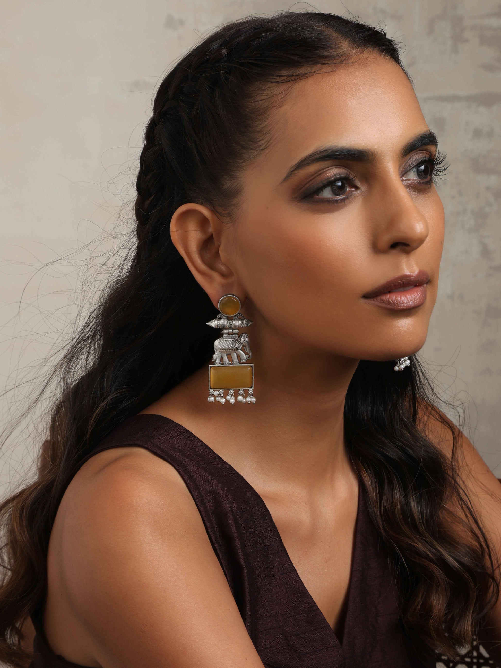 trueBrowns Silver Tone Yellow Stone Earrings - Swadesiicart