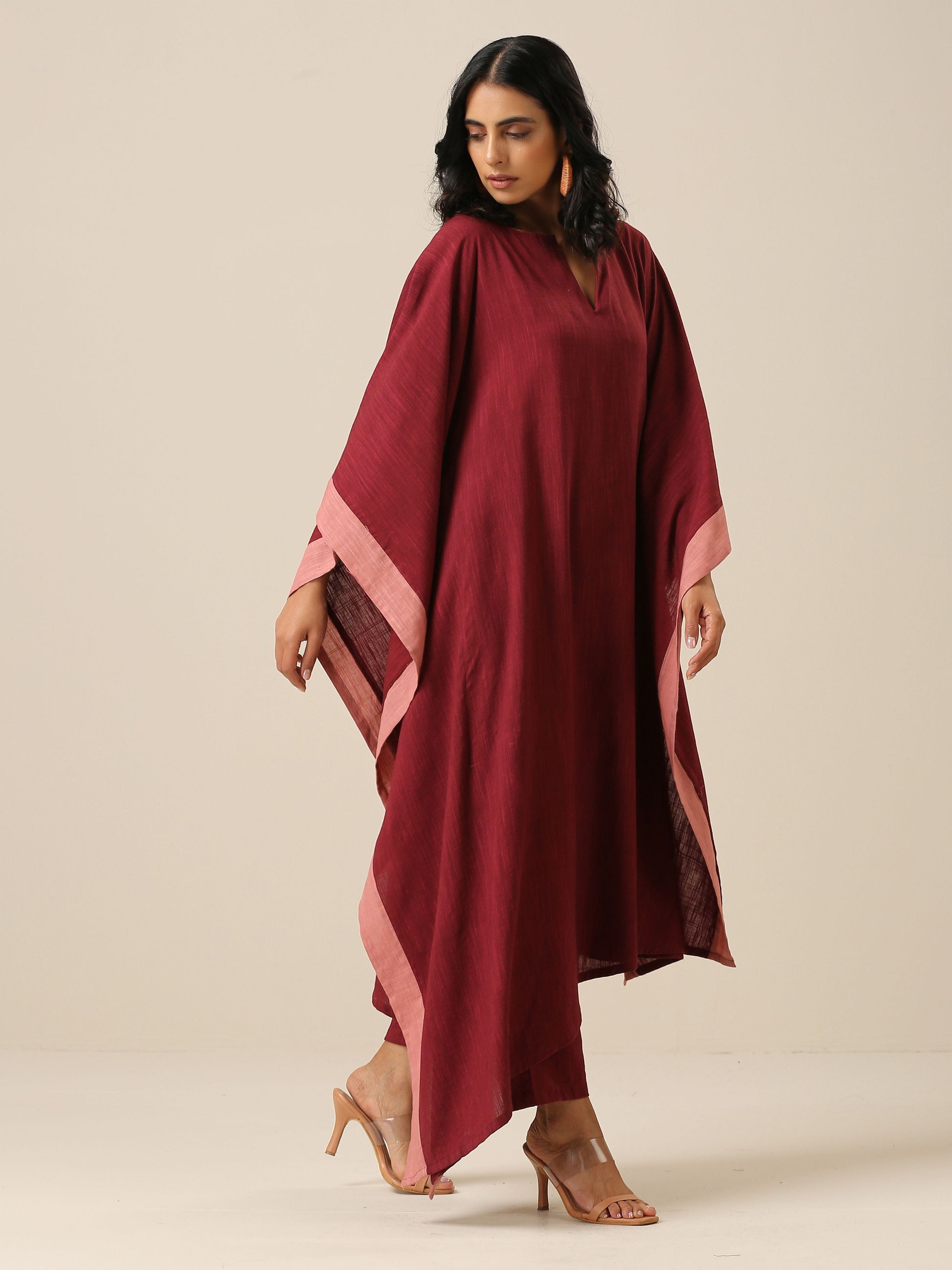 trueBrowns Ruby Wine Slub Texture High Low Kaftan Pant Set | Swadesiicart