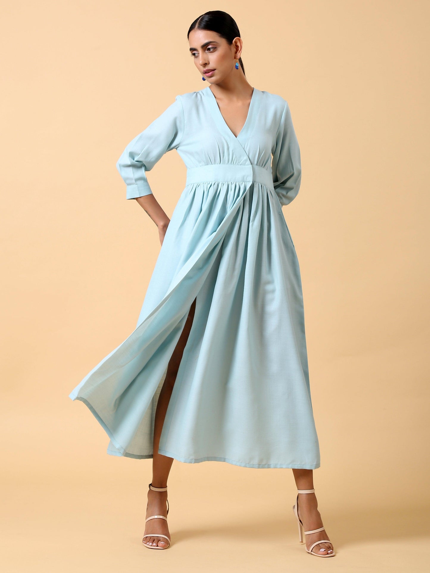 trueBrowns Cotton Linen Light Blue Wrap Dress | Swadesiicart