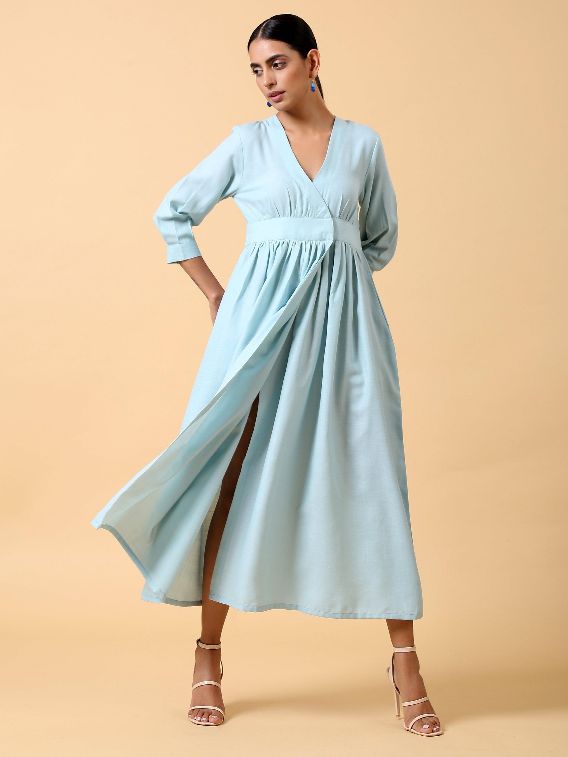 trueBrowns Cotton Linen Light Blue Wrap Dress | Swadesiicart