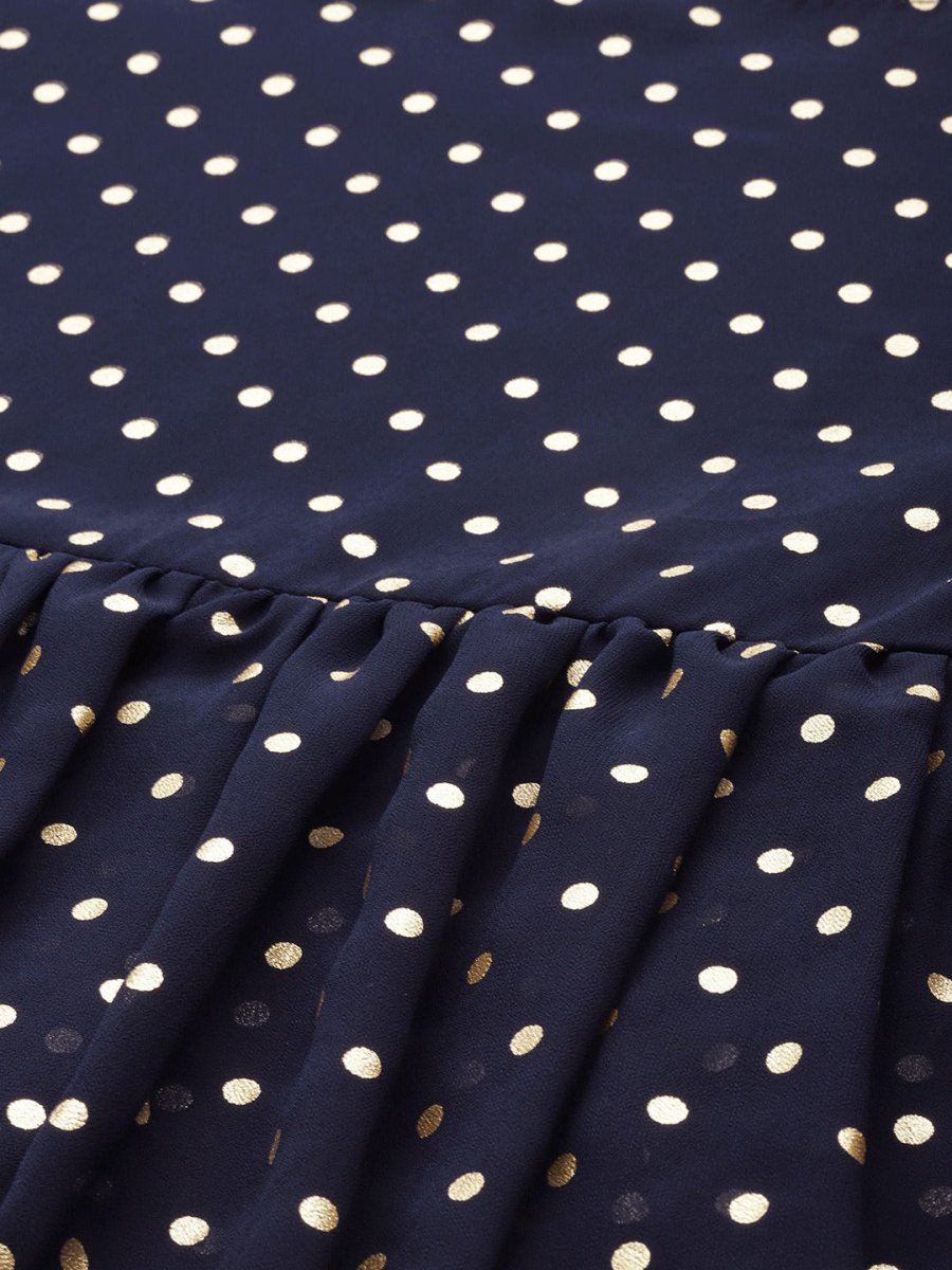 Ahalyaa Women Navy Blue & Golden Polka Dots Print Tiered Beautiful Tunic | Swadesiicart