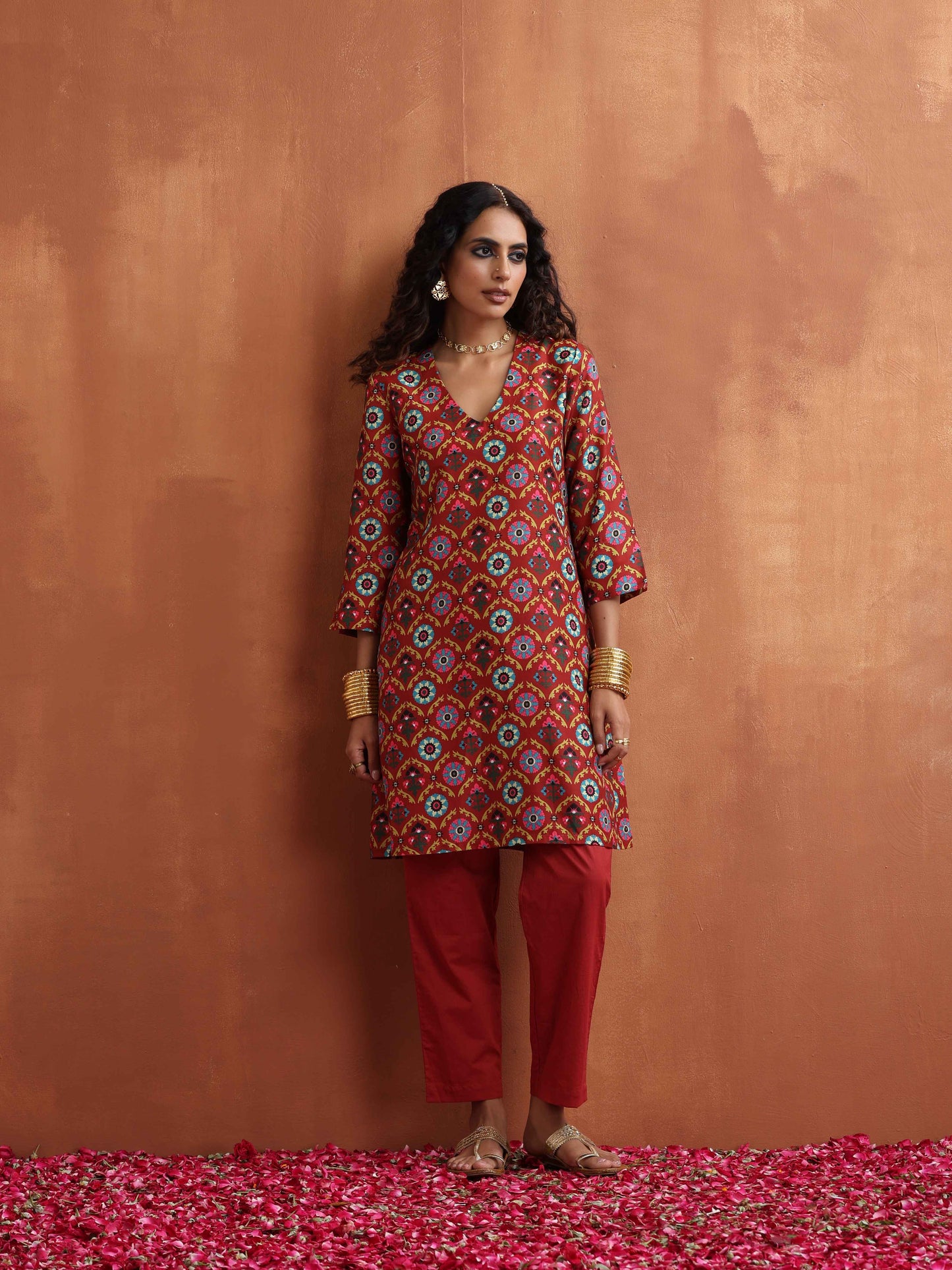 trueBrowns Rust Print Kurta Co-ord Set - Swadesiicart