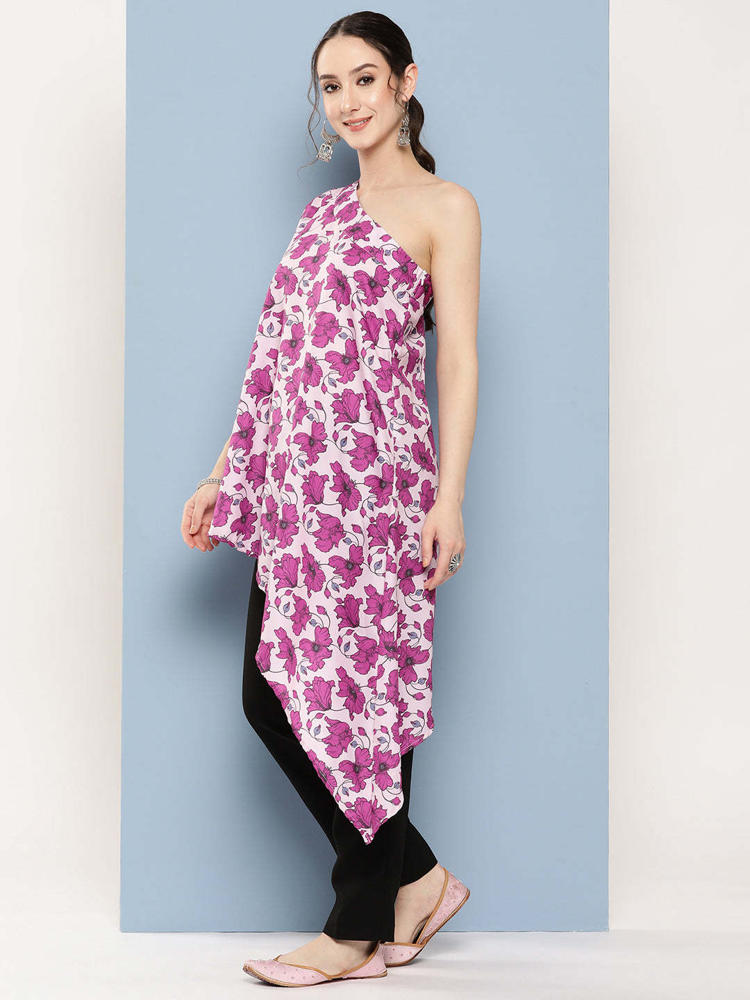 InWeave Women's Pink Fuchsia Japanese Art Oneshoulder Top - Swadesiicart