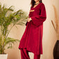 InWeave Women's Barn Red V Neck Asymmetrical Pleated Velvet Kurta Set - Swadesiicart