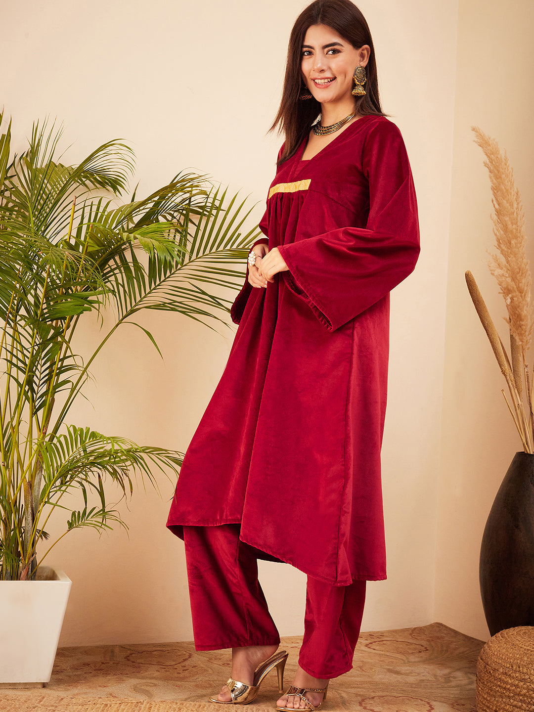 InWeave Women's Barn Red V Neck Asymmetrical Pleated Velvet Kurta Set - Swadesiicart
