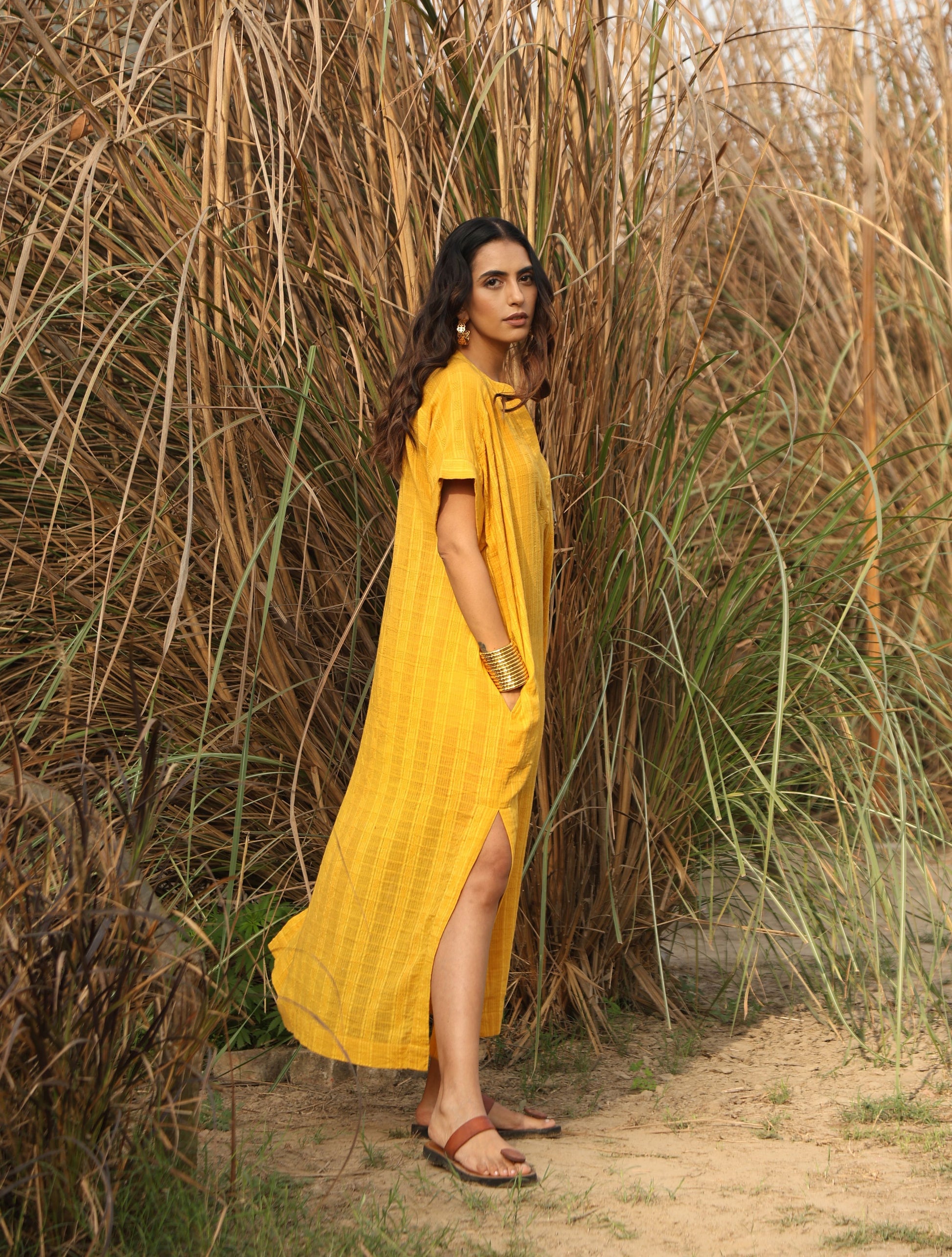 trueBrowns Mustard Cotton Dobby Oversized Dress | Swadesiicart