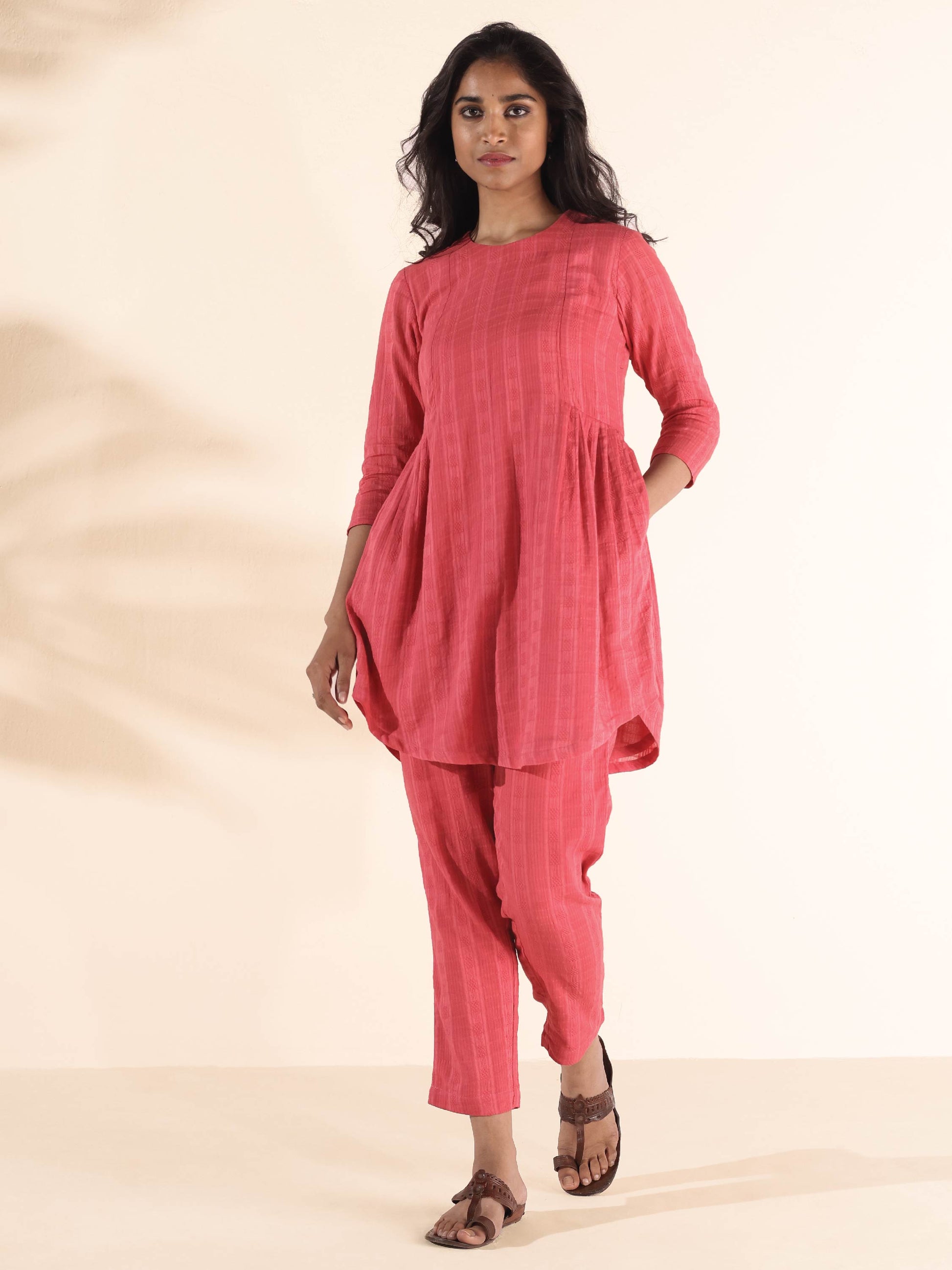 trueBrowns Pink Cotton Dobby Co-ord Set - Swadesiicart