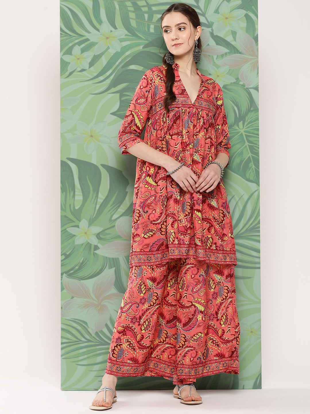 InWeave Women's Peach Camelia Printed Ethnic Kurta Set - Swadesiicart