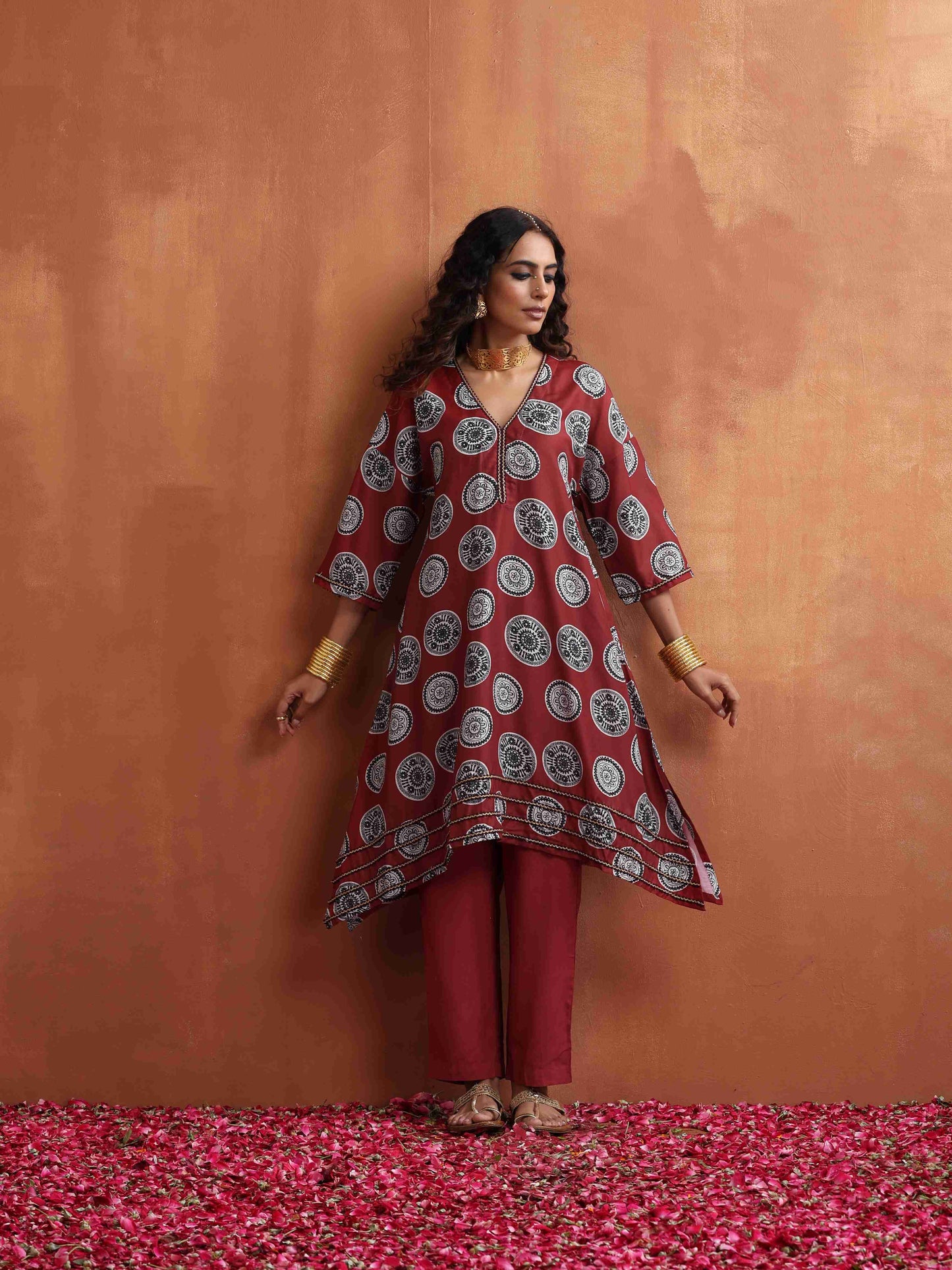 trueBrowns Maroon Print A-line Kurta Co-ord Set - Swadesiicart