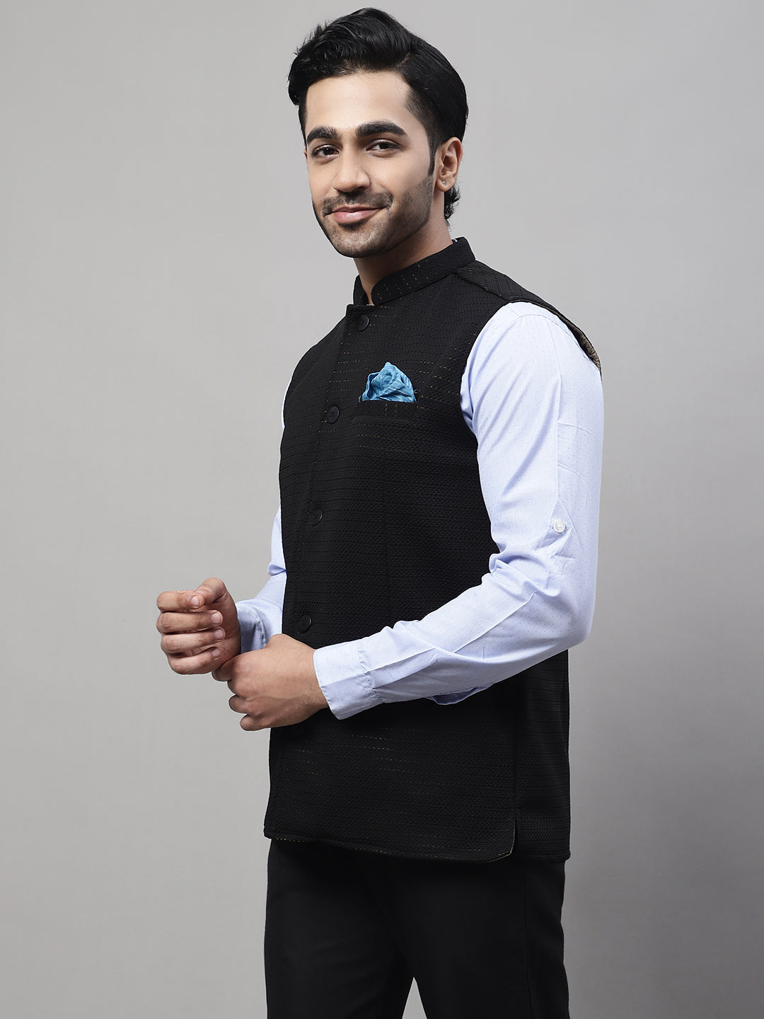 Even Apparels Men's Black Nehru Jacket With Welt Pockets | Swadesiicart
