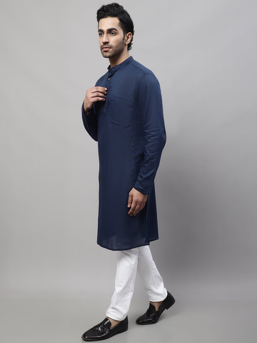 Even Apparels Blue Pure Cotton Kurta With Band Collar | Swadesiicart