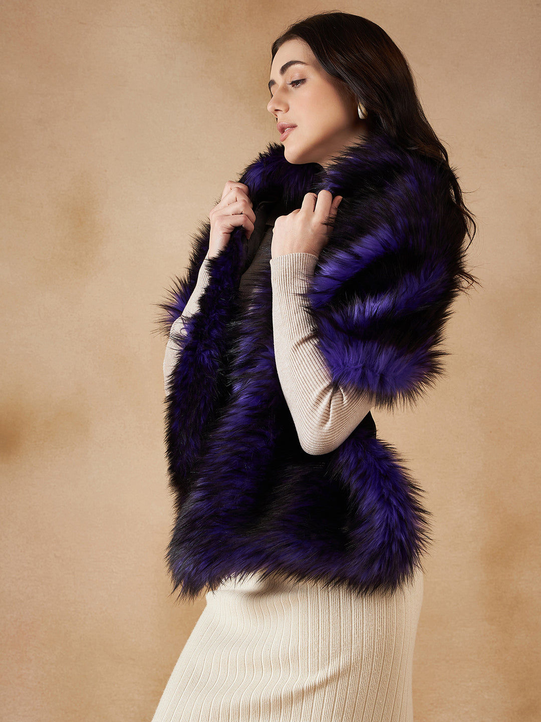 InWeave Purple Black Faux Fur Cape - Swadesiicart