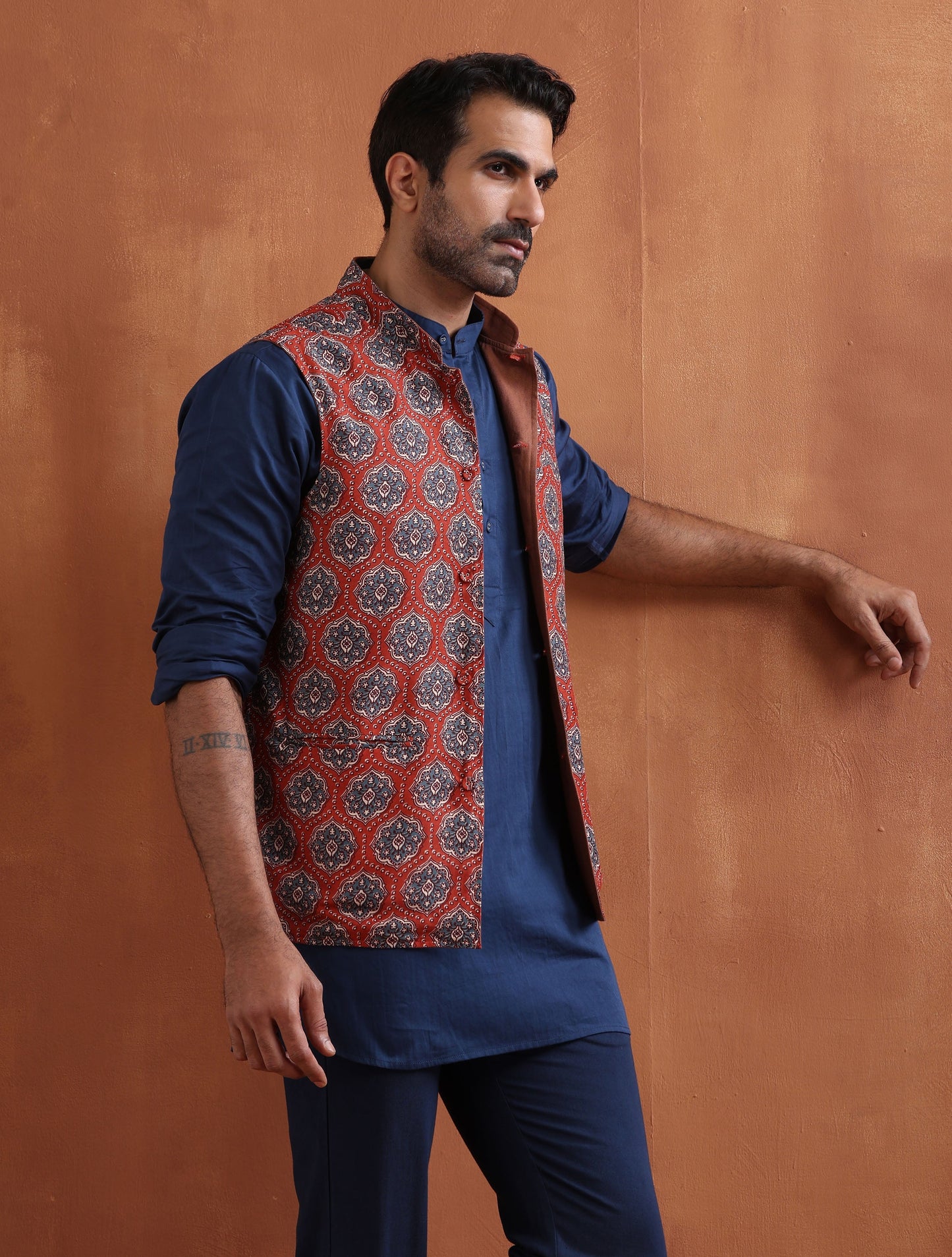 trueBrowns Men's Rust Printed Reversible Nehru Jacket | Swadesiicart