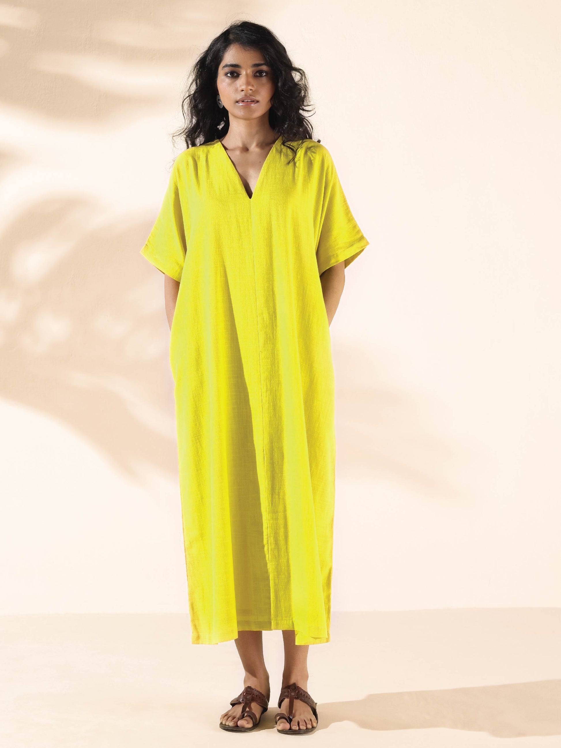 trueBrowns Lime Cotton Front Slit Dress | Swadesiicart