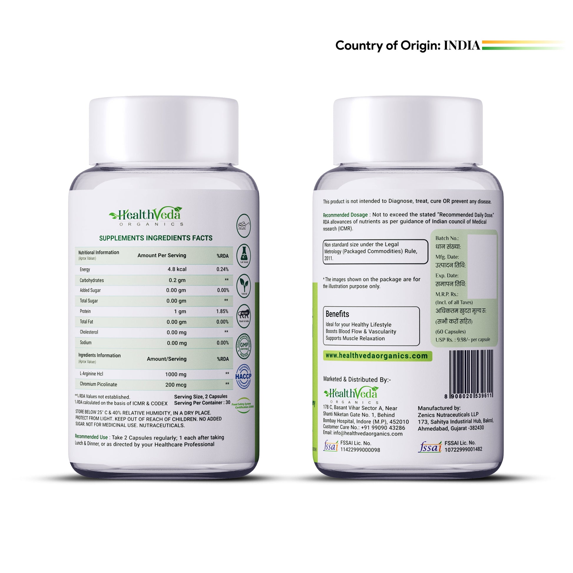 Health Veda Organics L Arginine Veg Capsules - Swadesiicart