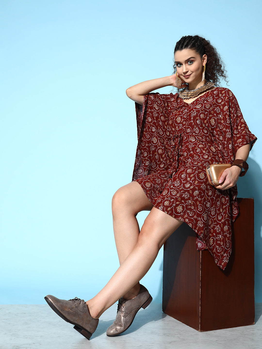 InWeave Women's Burgundy Jaal Print Kaftan Dress - Swadesiicart