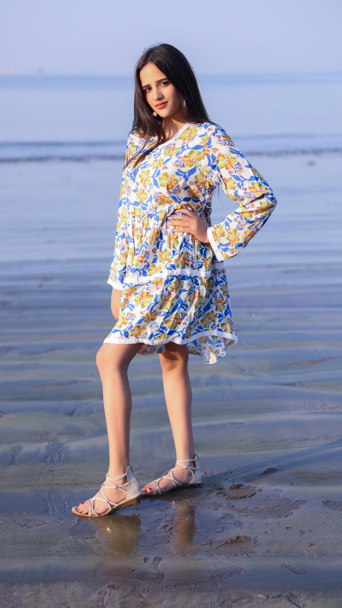 Noroke Cupro Modal Midi Floral Dress - Yellow | Swadesiicart