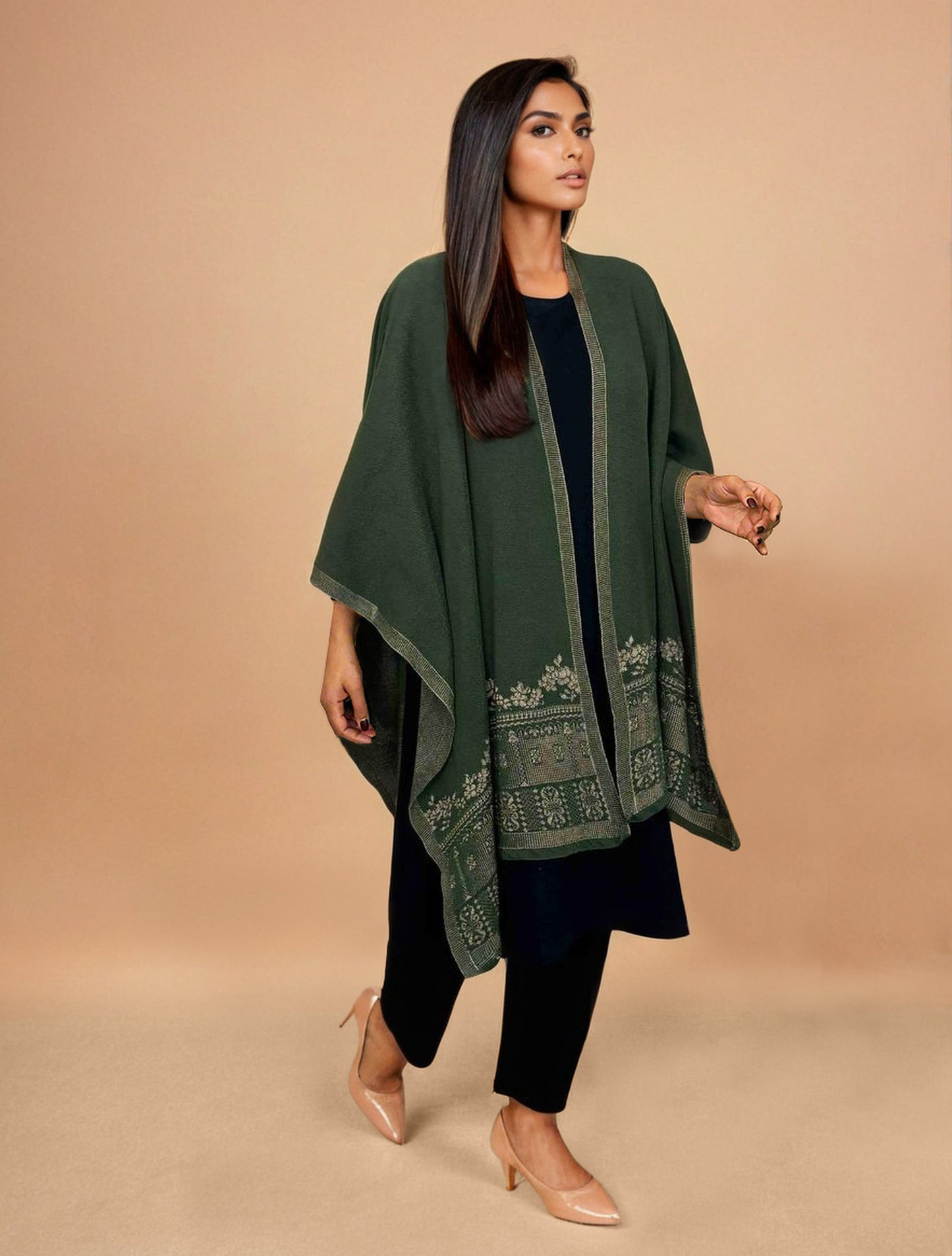 trueBrowns Green Woollen Kaftan Cape | Swadesiicart