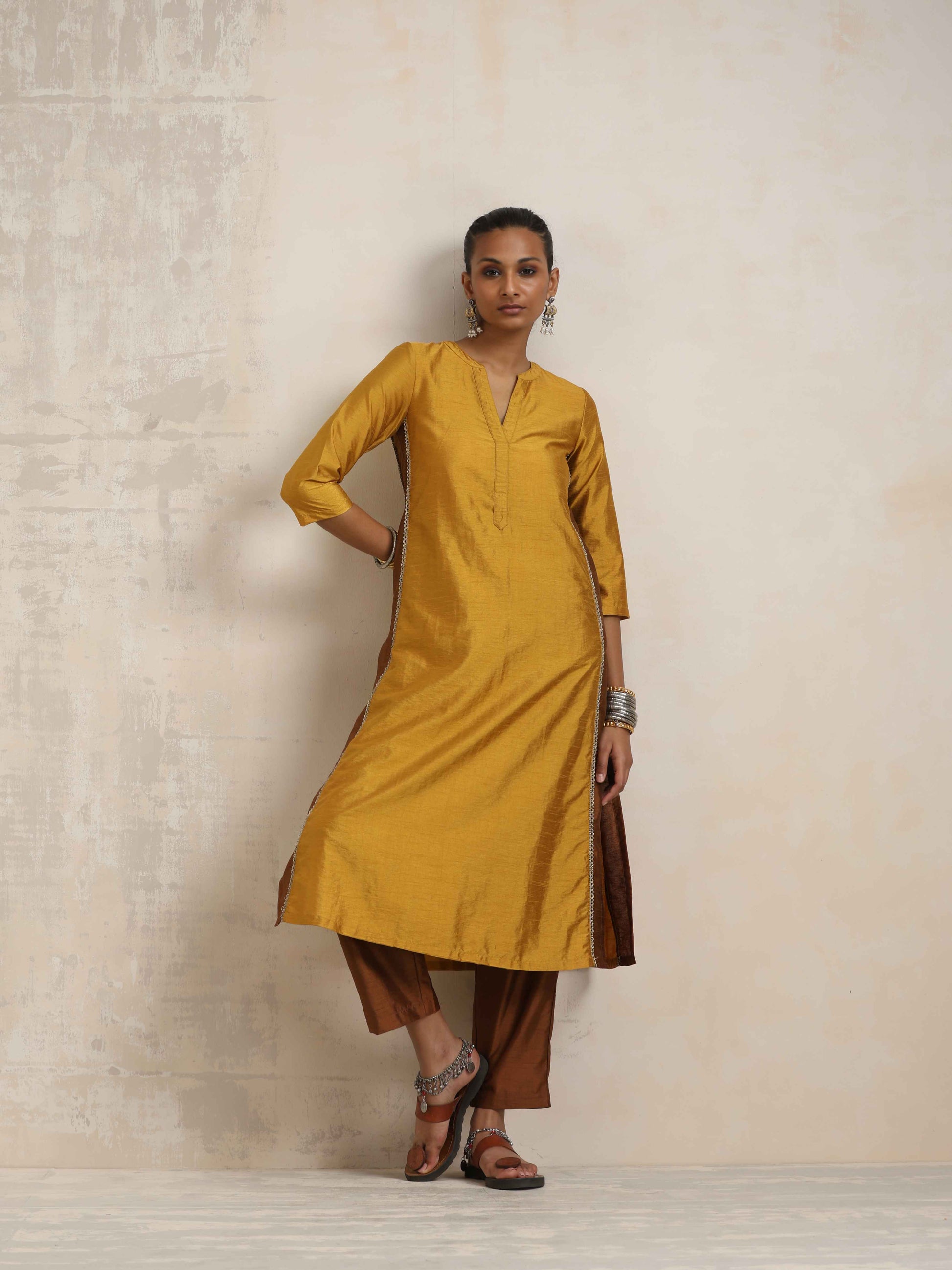 trueBrowns Gold Silk Kurta Set | Swadesiicart