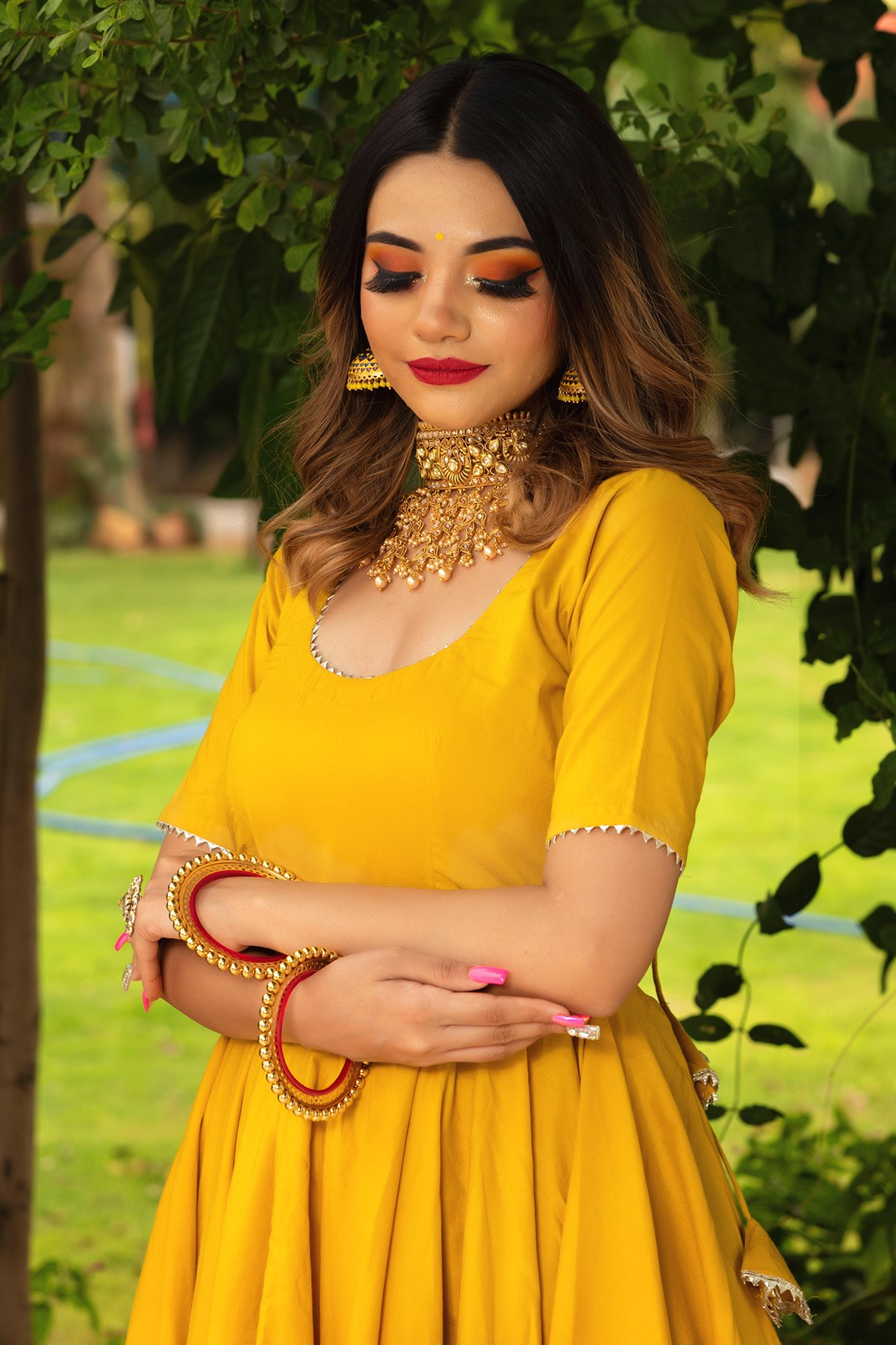 Pomcha Jaipur Rosemarry Yellow Cotton Anarkali Set | Swadesiicart