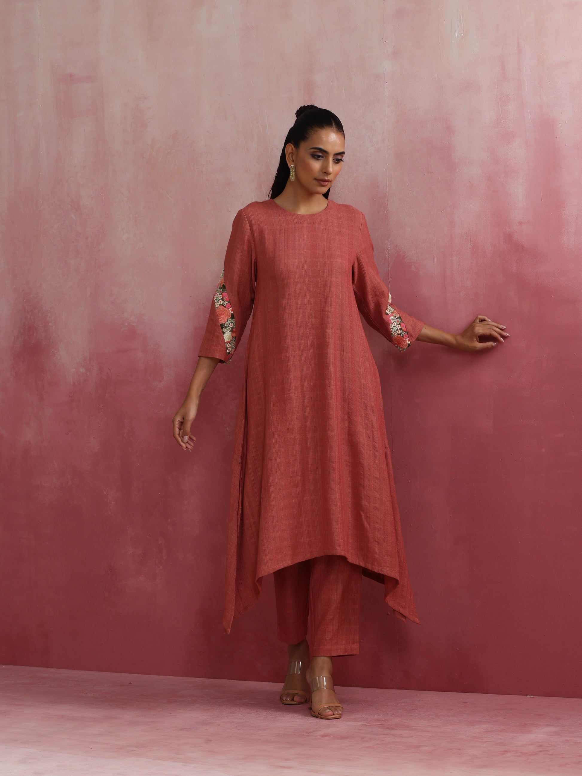 trueBrowns Peach Cotton Dobby Kurta Set | Swadesiicart