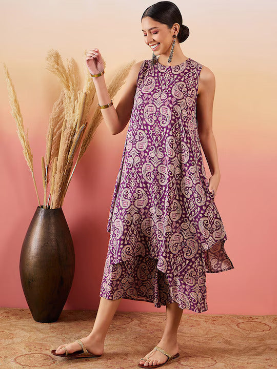 InWeave Dusty Mauve Paisley Round Neck Kurta Short Palazzo Set - Swadesiicart
