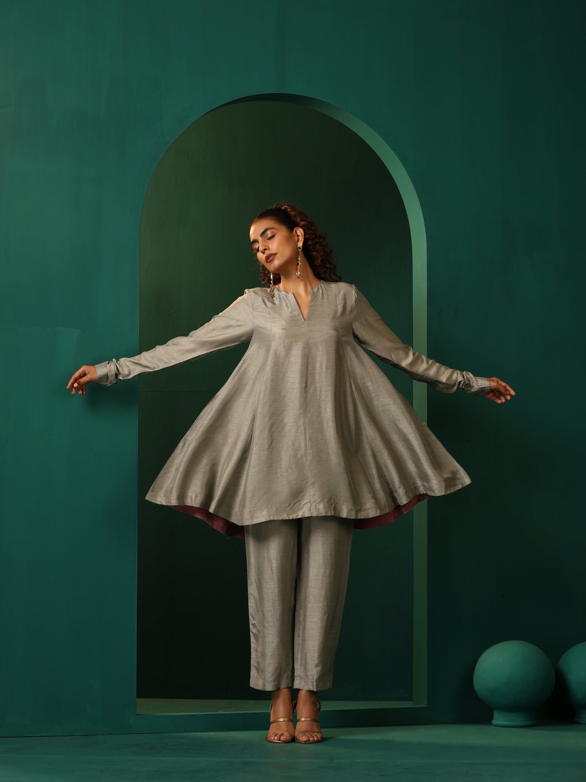 trueBrowns Grey Silk Flared Co-ord Set - Swadesiicart