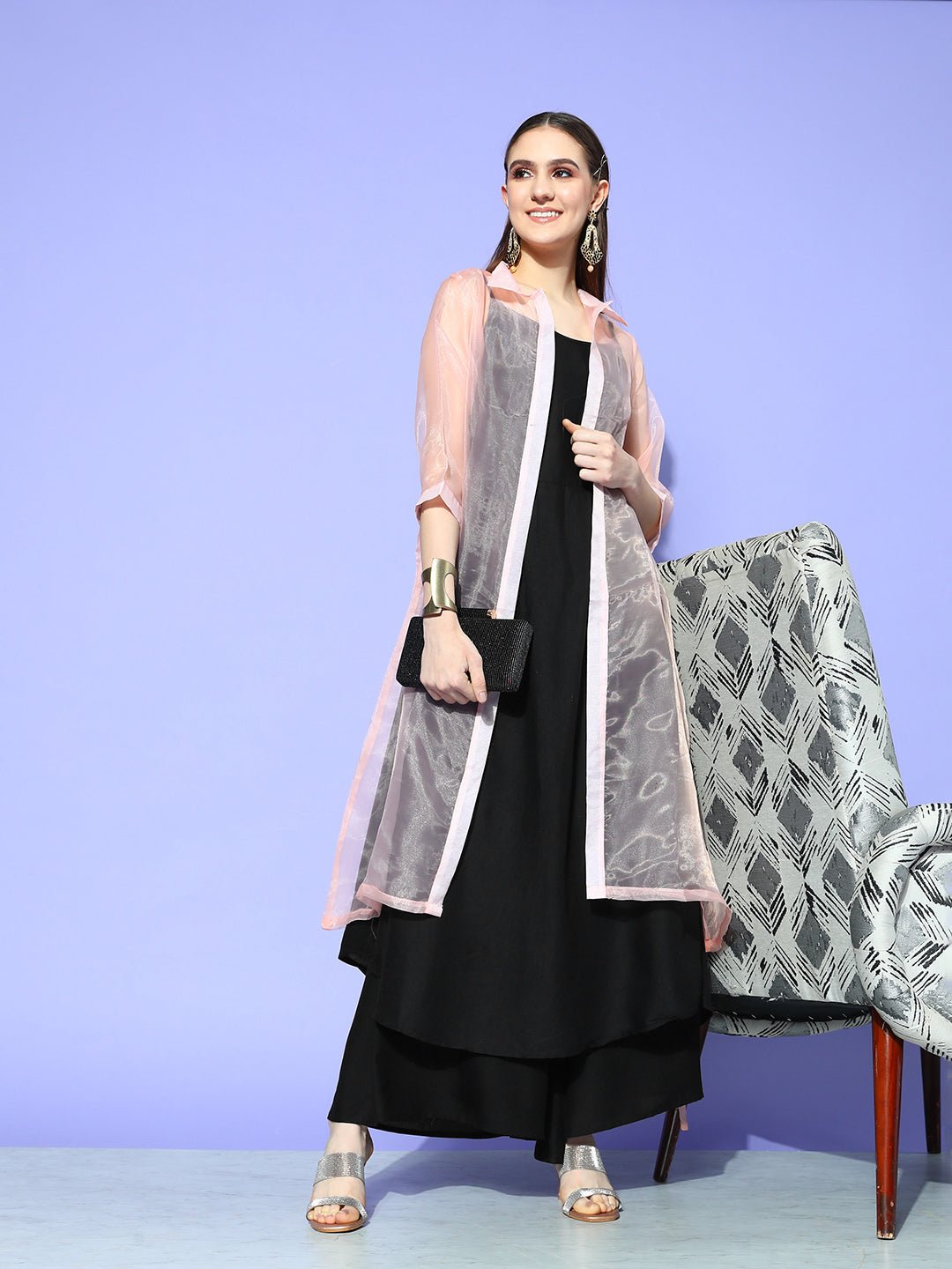 InWeave Women's Black Strappy Kurta Set With Peach Organza Cape - Swadesiicart