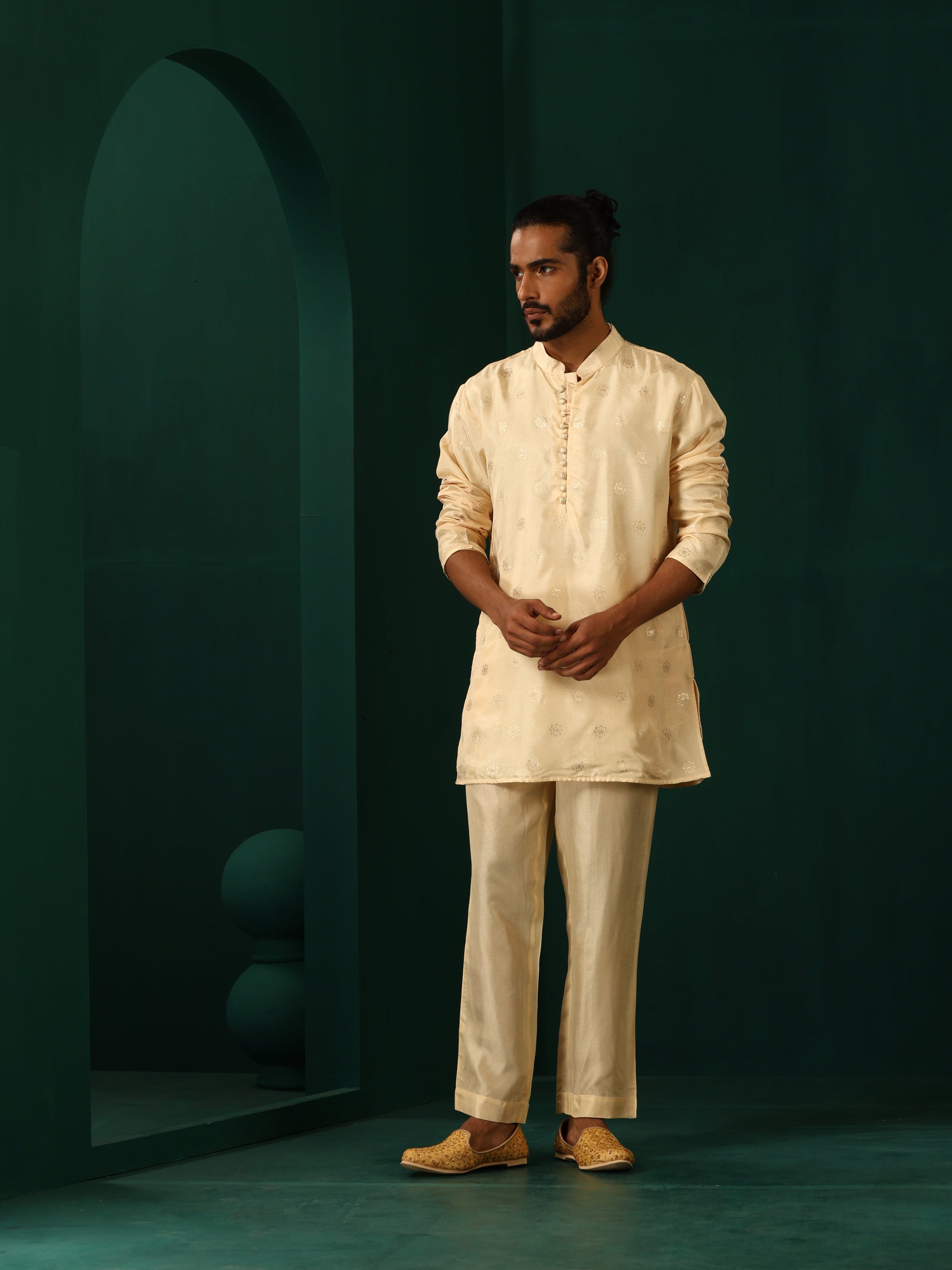 trueBrowns Men's Ivory Geometric Floral Viscose Silk Co-ord Set - Swadesiicart
